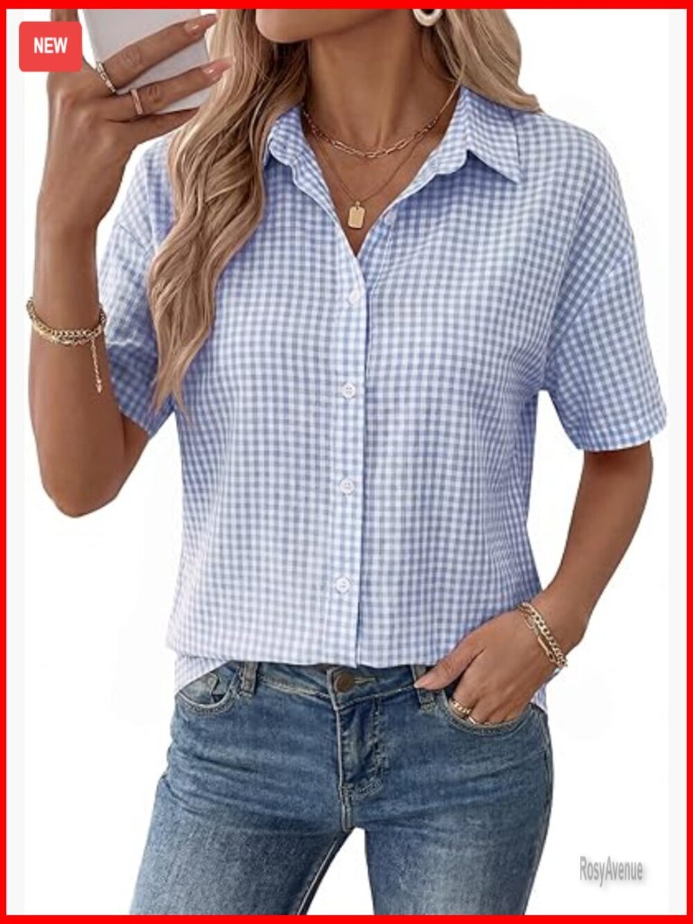 Short Sleeve Button Down Shirt V Neck Collared Blouse Work Top